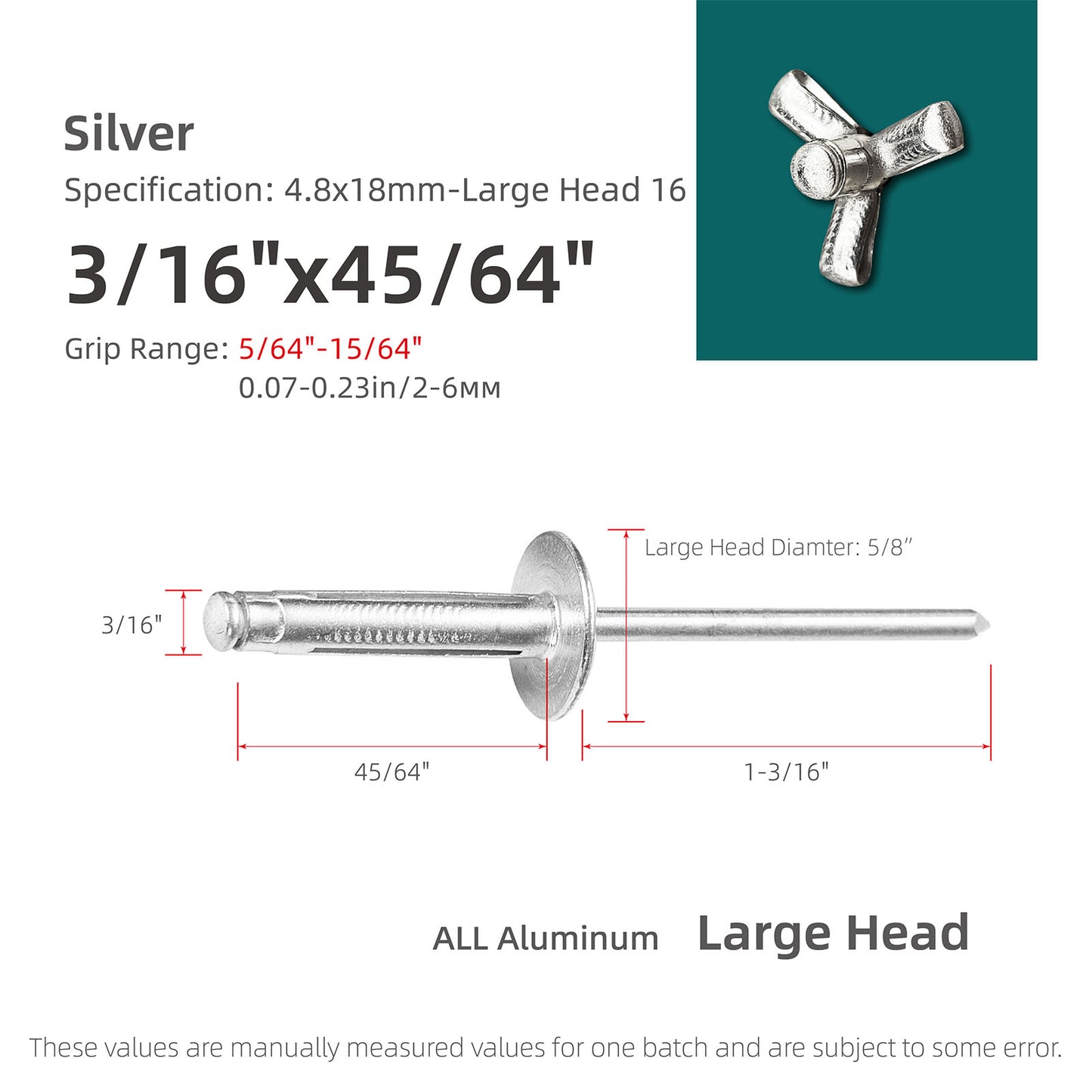 Tri-Fold Large Head Aluminum Blind Rivets, Large Flange Exploding Assortment Bulb Style Pop Rivets for Automotive, Soft or Plastic Materials