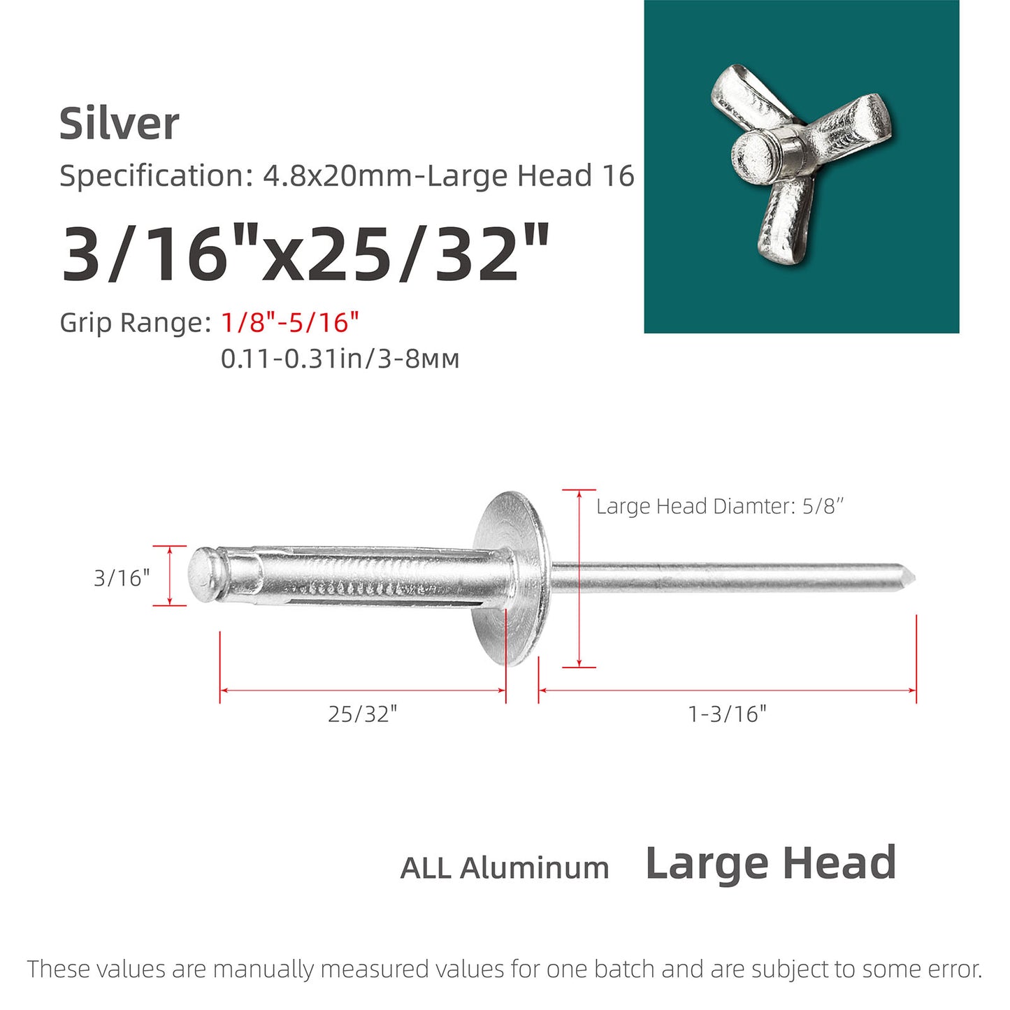 Tri-Fold Large Head Aluminum Blind Rivets, Large Flange Exploding Assortment Bulb Style Pop Rivets for Automotive, Soft or Plastic Materials