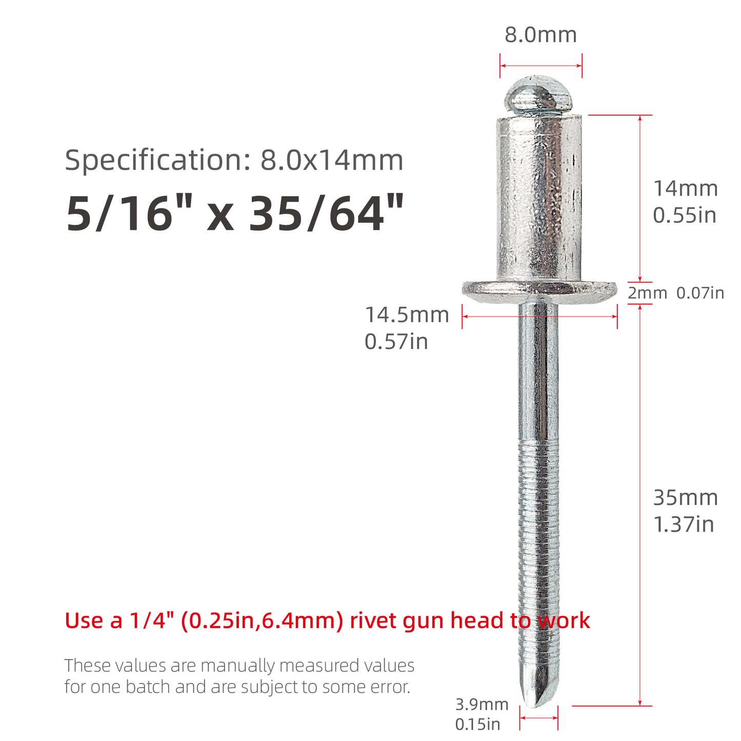 5/16 "(0.31in, 8mm) Diameter Aluminum Blind Rivets