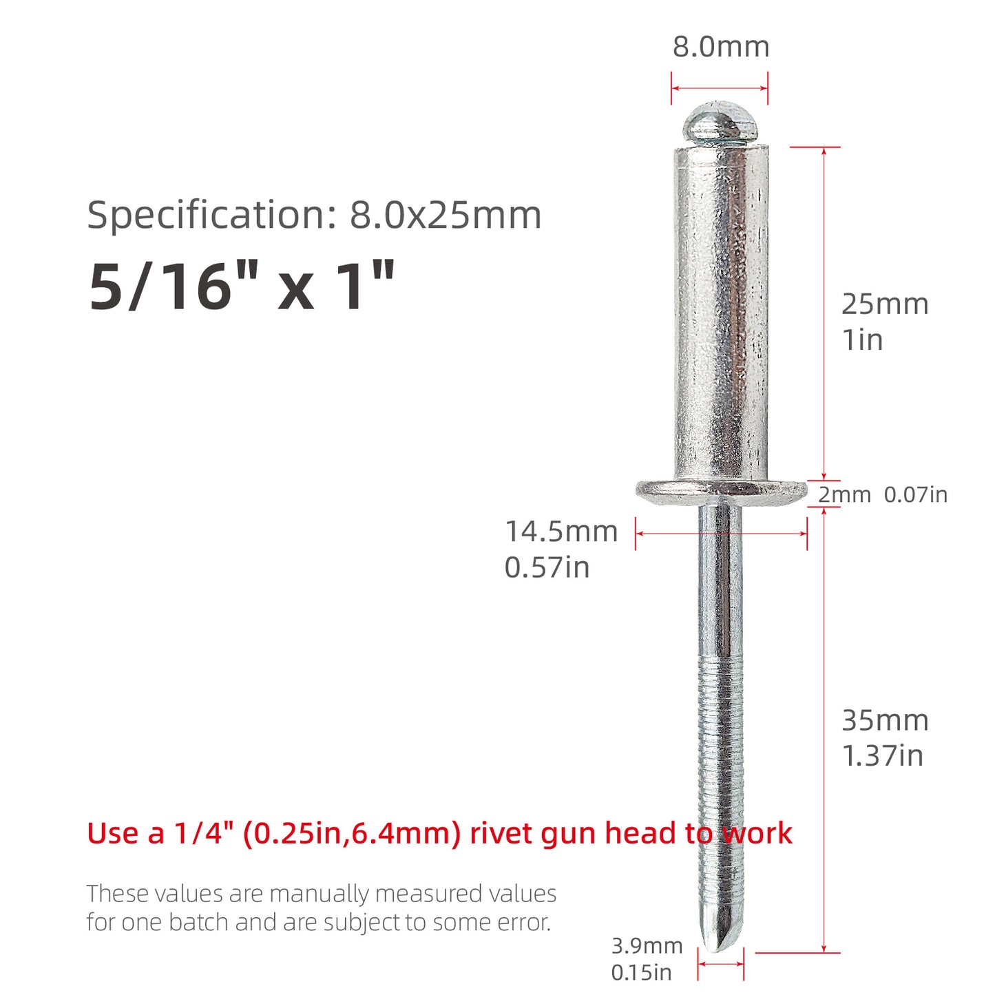 5/16 "(0.31in, 8mm) Diameter Aluminum Blind Rivets