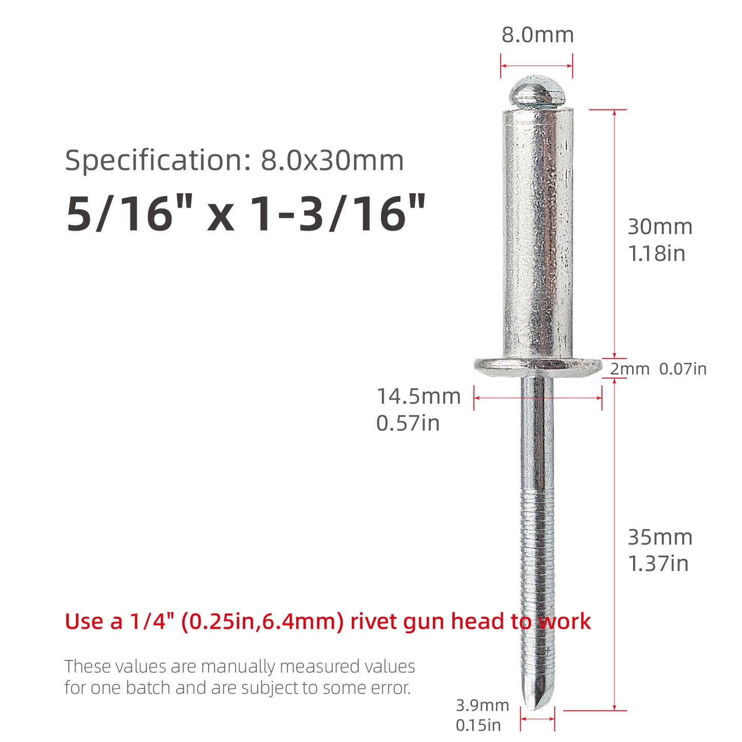 5/16 "(0.31in, 8mm) Diameter Aluminum Blind Rivets