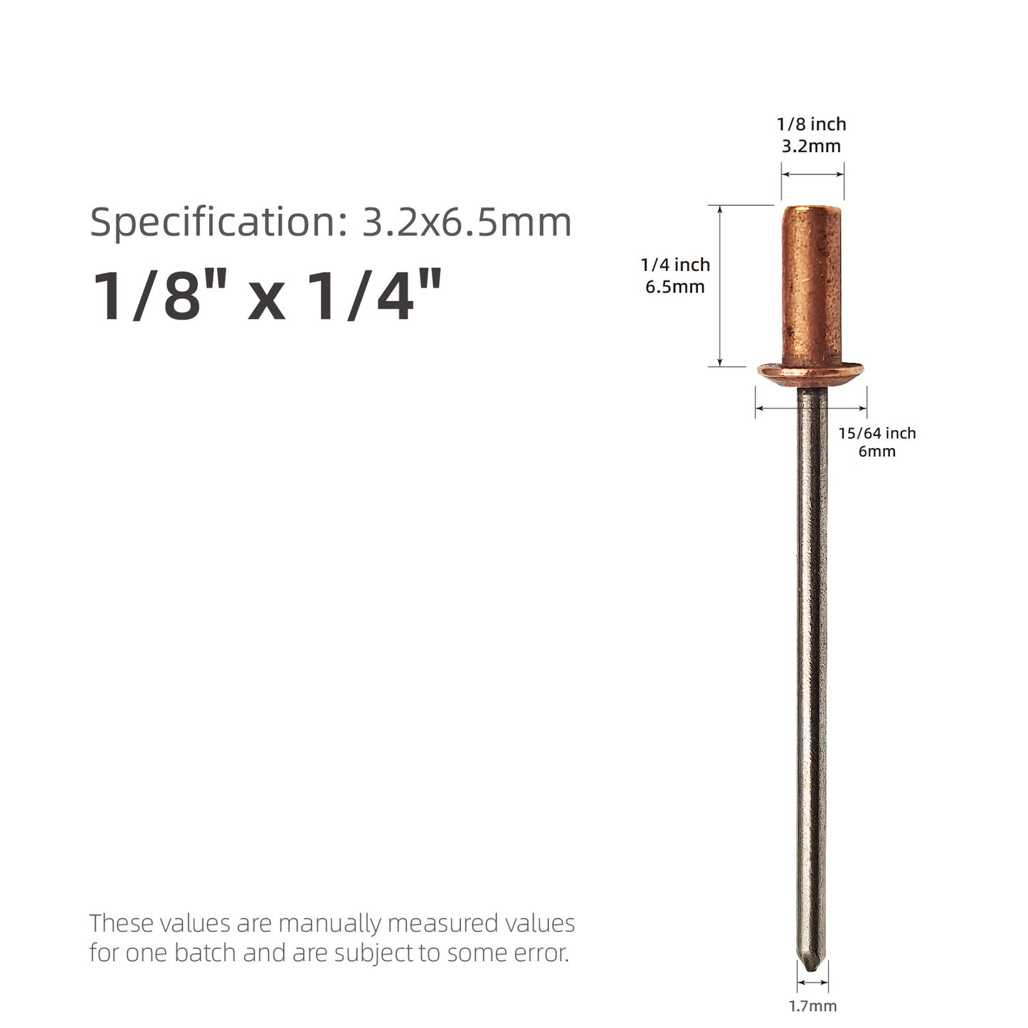 Closed End Rivets 1/8" (3.2mm) Diameter,Copper Dome Head with Stainless Steel Mandrel