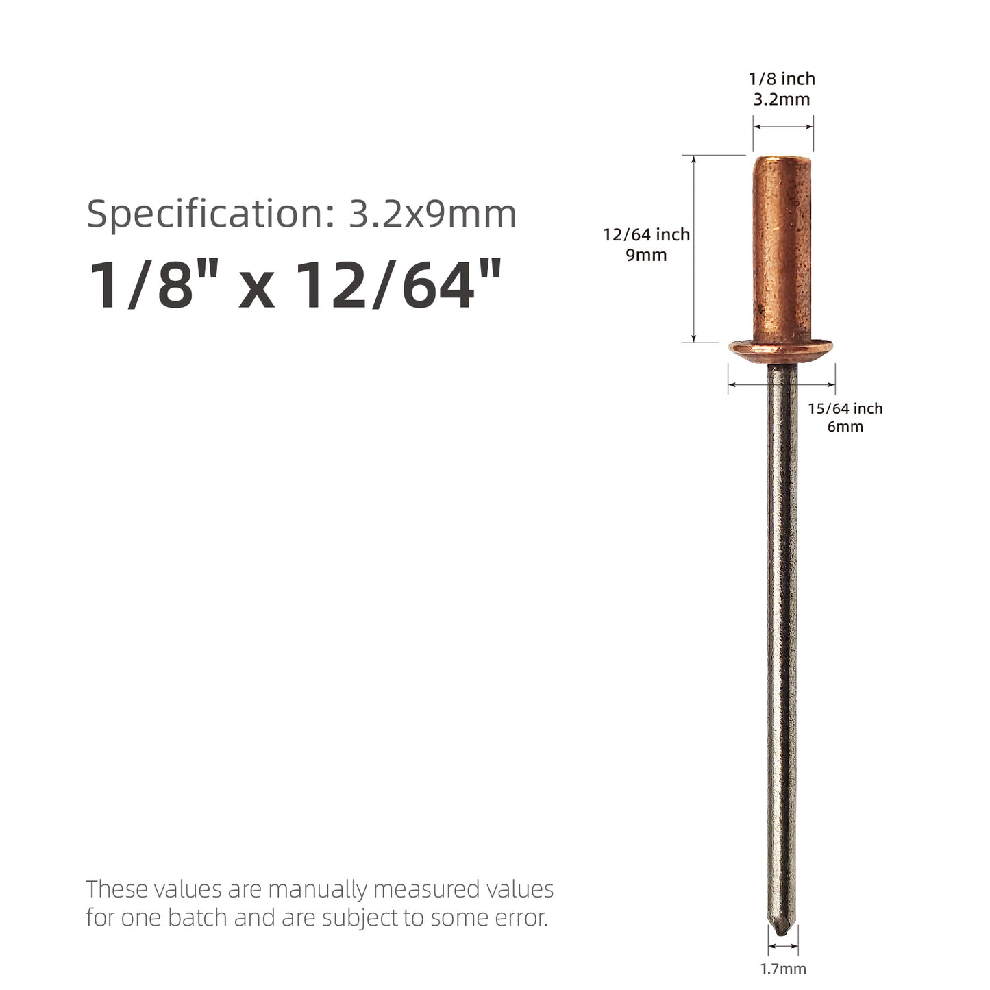 Closed End Rivets 1/8" (3.2mm) Diameter,Copper Dome Head with Stainless Steel Mandrel