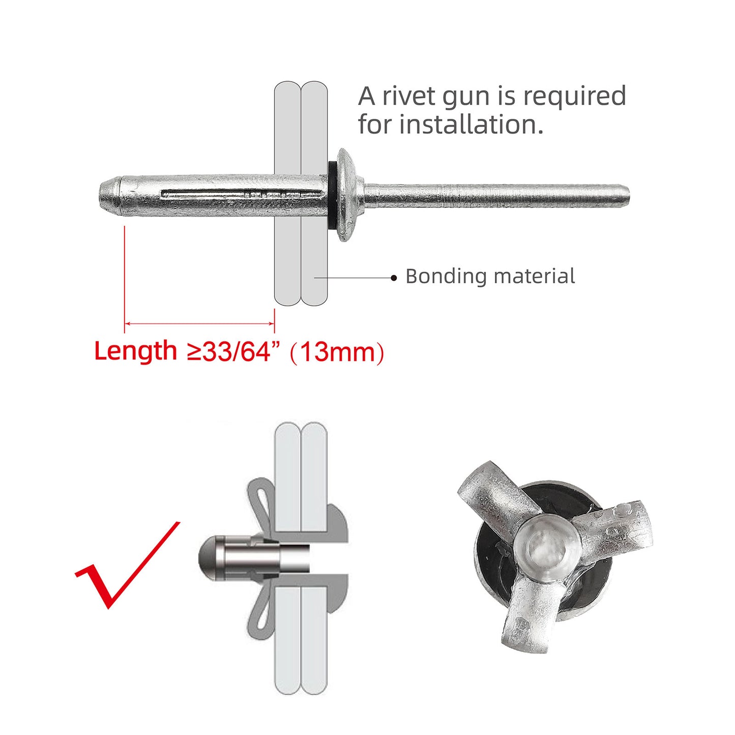 Waterproof Tri-Fold Aluminum Blind Rivets with Sealing Washer O-Ring, Tri Grip Exploding Assortment Bulb Style Sealed Pop Rivets for Soft or Plastic Materials