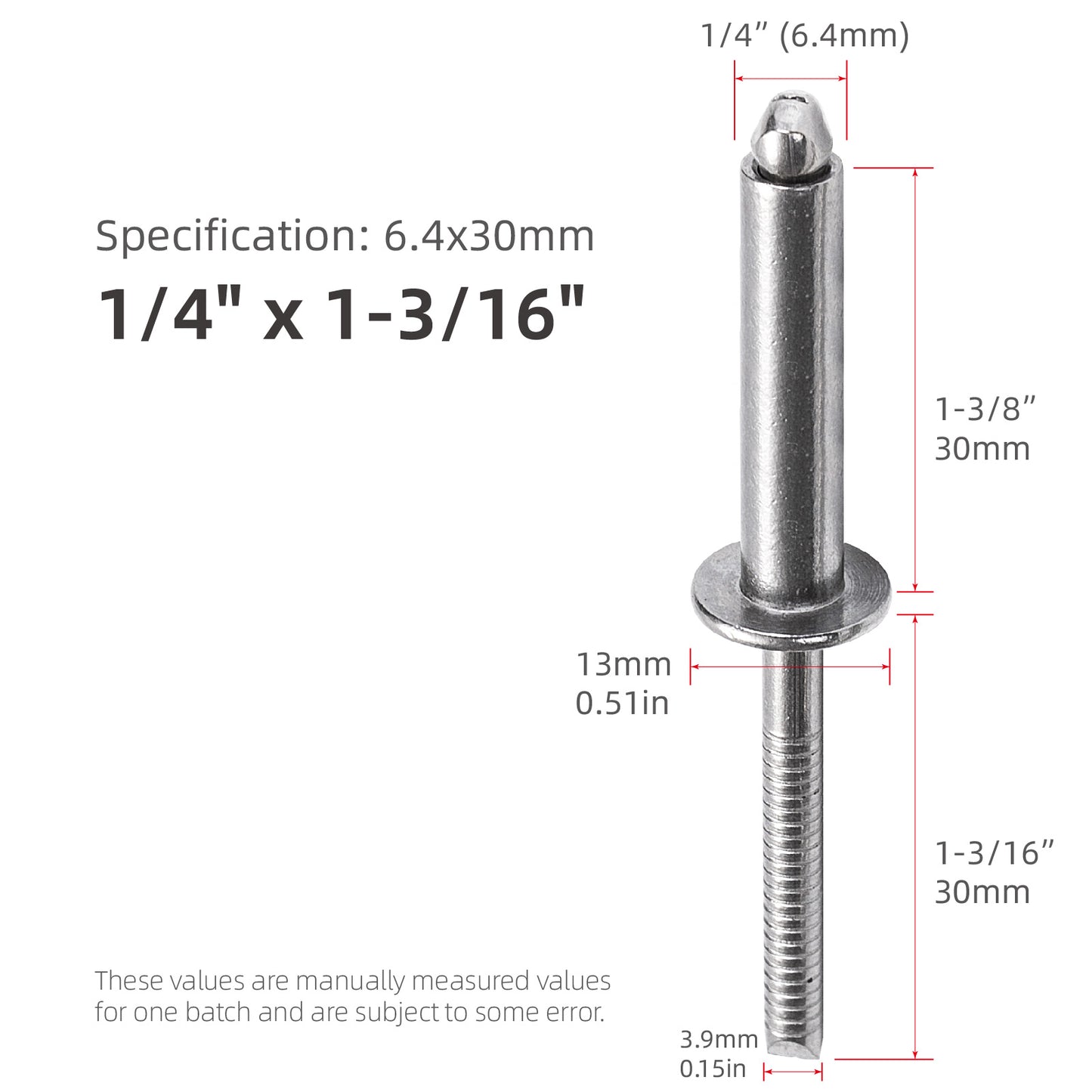 Extra Long Blind Rivets 1/4" (6.4mm) Diameter,Stainless Steel