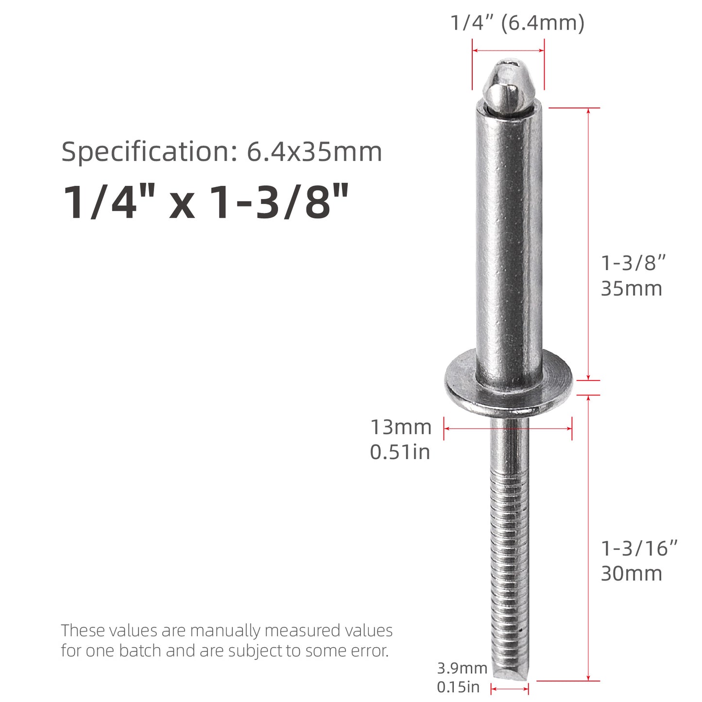 Extra Long Blind Rivets 1/4" (6.4mm) Diameter,Stainless Steel