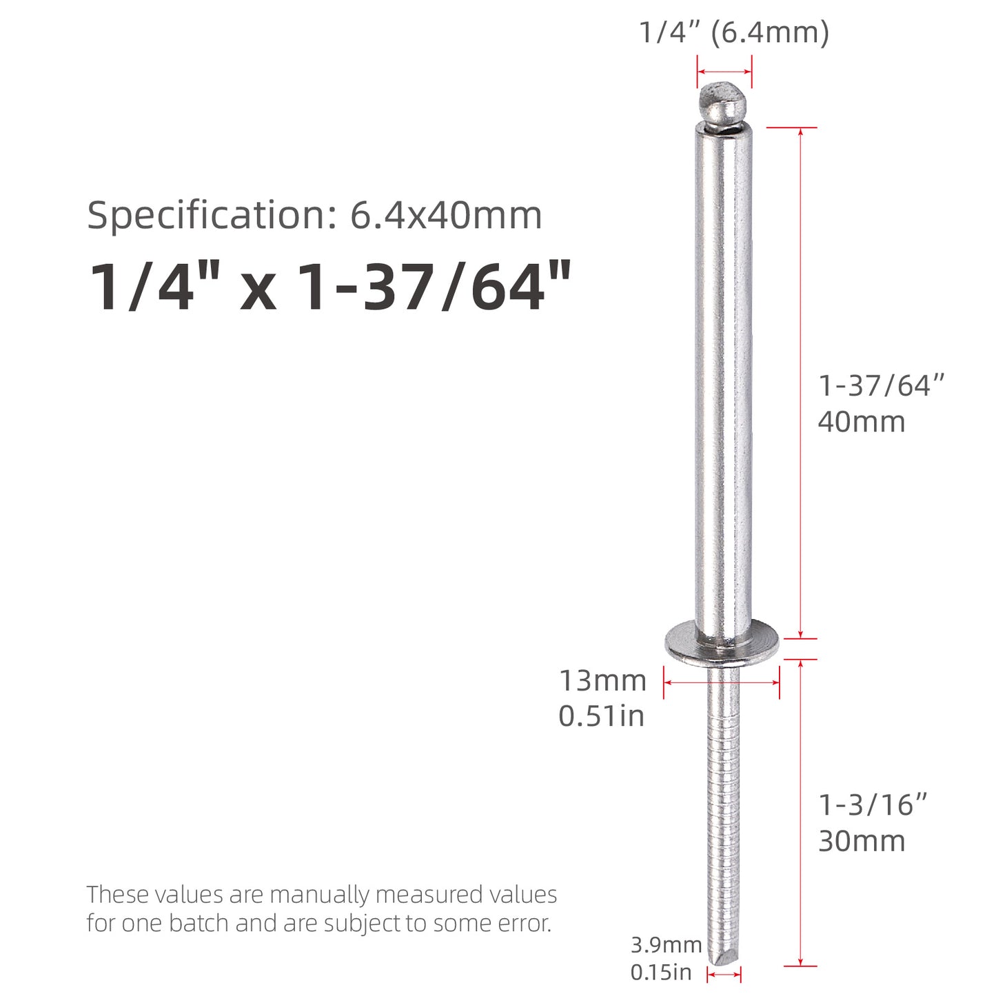 Extra Long Blind Rivets 1/4" (6.4mm) Diameter,Stainless Steel