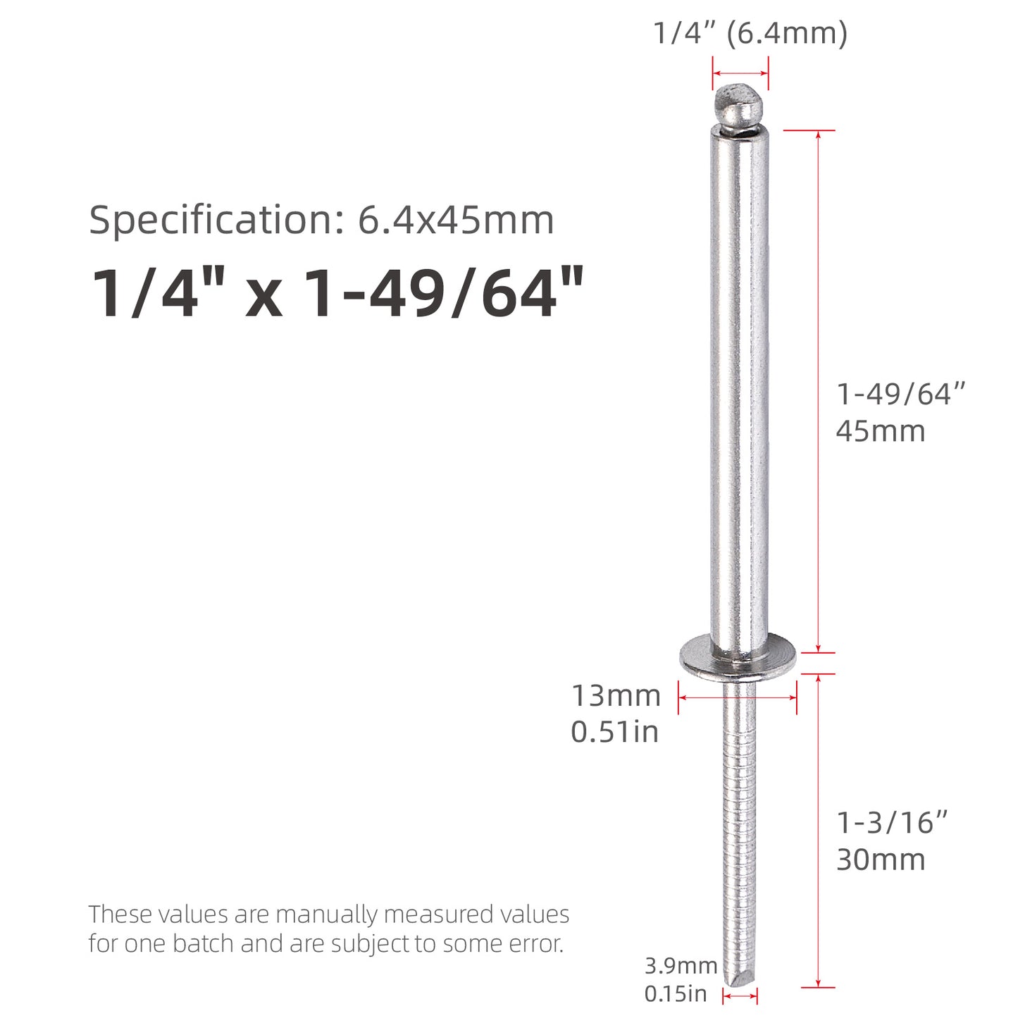 Extra Long Blind Rivets 1/4" (6.4mm) Diameter,Stainless Steel