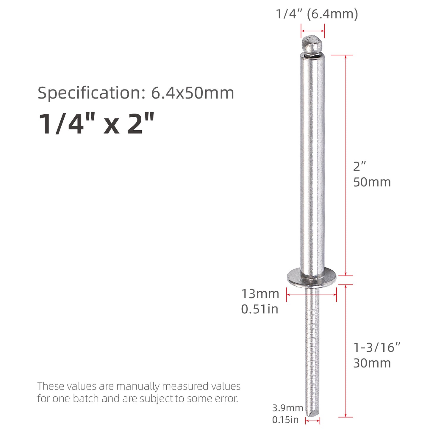 Extra Long Blind Rivets 1/4" (6.4mm) Diameter,Stainless Steel