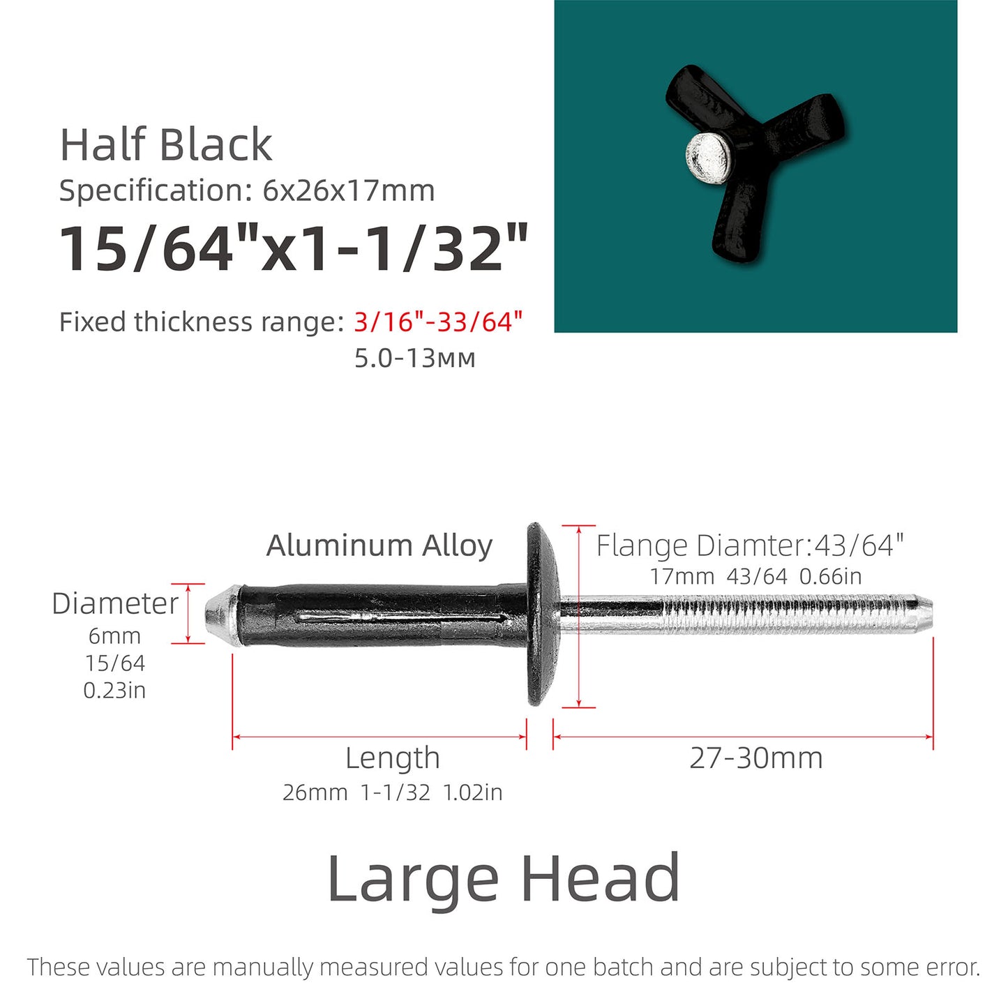Tri-Fold Large Head Aluminum Blind Rivets, Large Flange Exploding Assortment Bulb Style Pop Rivets for Automotive, Soft or Plastic Materials
