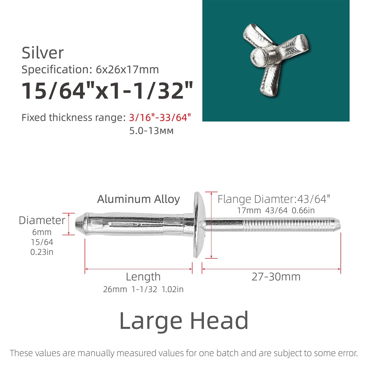 Tri-Fold Large Head Aluminum Blind Rivets, Large Flange Exploding Assortment Bulb Style Pop Rivets for Automotive, Soft or Plastic Materials