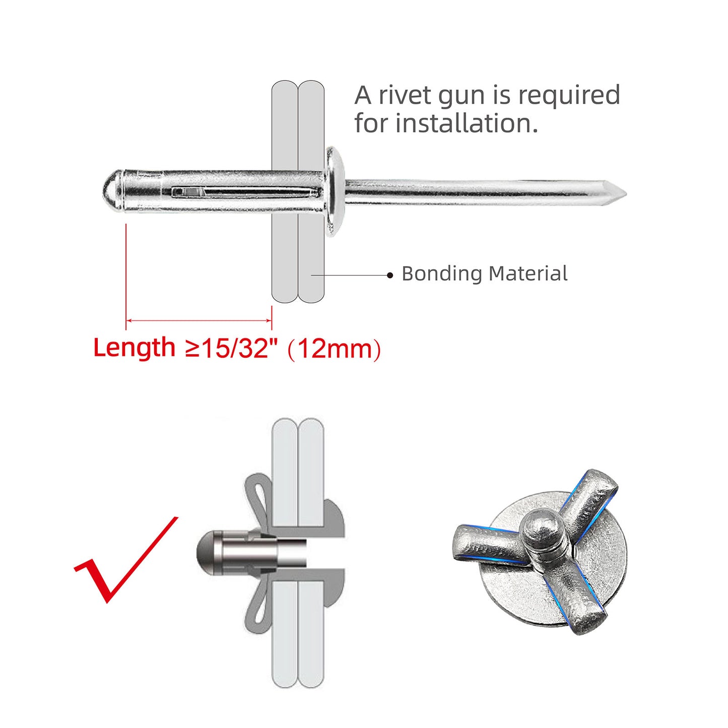 Tri-Fold Large Head Aluminum Blind Rivets, Large Flange Exploding Assortment Bulb Style Pop Rivets for Automotive, Soft or Plastic Materials